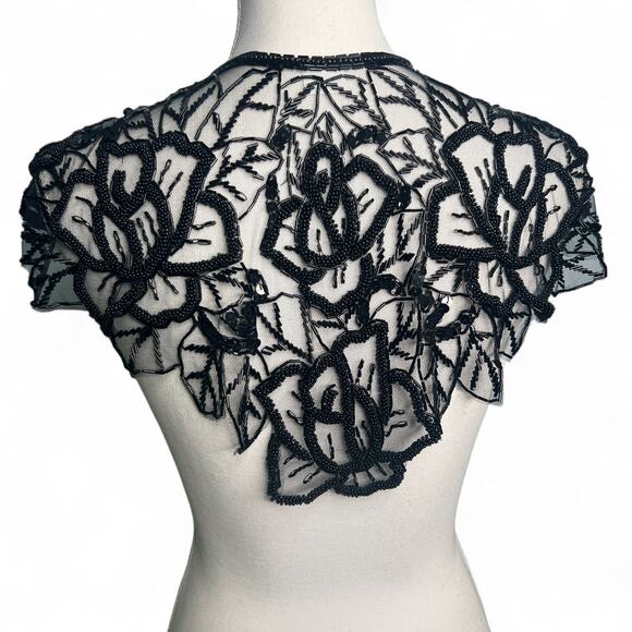 Vintage 90s Beaded Sequin Shawl Collar Black Floral Western Wrap Rodeo Showgirl